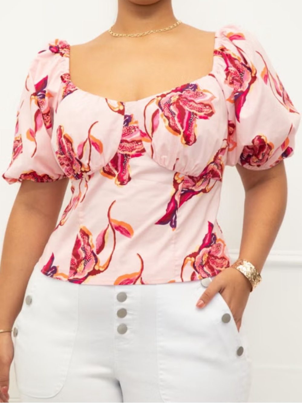 ELOQUII Elements Puff Sleeve Smocked Top Pink Floral Womens Size 20